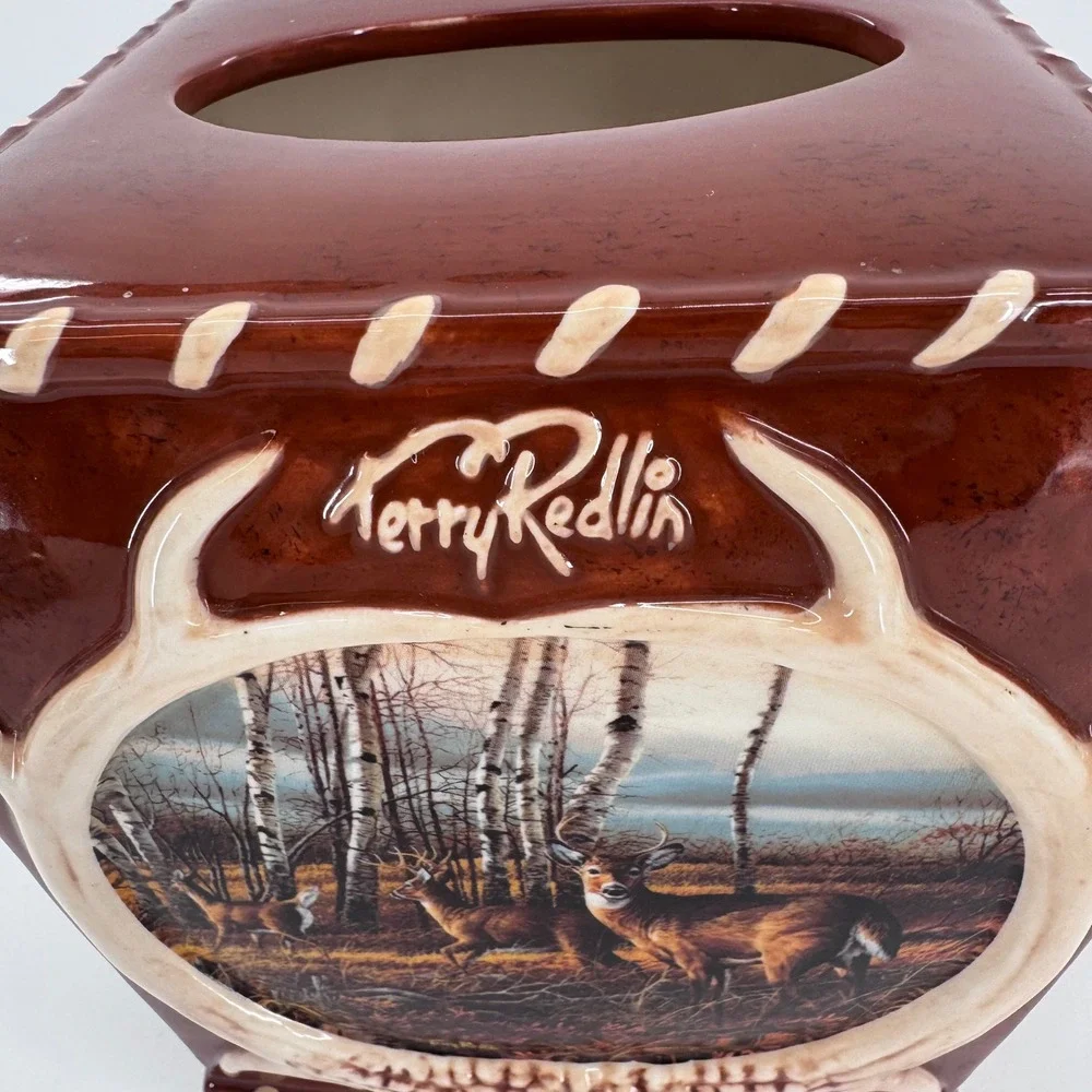 Terry Redlin Tissue Box Cover Wildlife Deer Ceramic Rustic Lodge‎ Cabin Brown